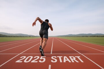 Fototapeta premium Athlete Sprinting on Track Marked with 2025 Start Line, Symbolizing New Year Goals and Aspirations