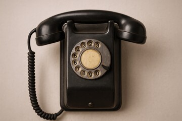 Vintage Black Rotary Phone on Wall, Antique Communication Technology Close-Up, Retro Style Telephone