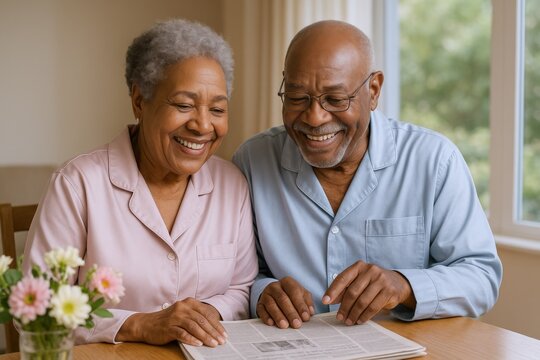 Happy Elderly Couple Reading Newspaper Together at Home, Enjoying Retirement and Relaxing Morning