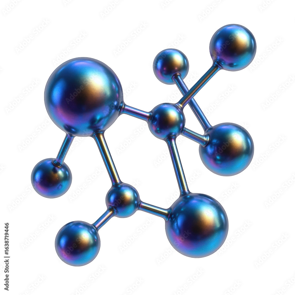 Poster abstract iridescent molecular structure with spheres and connecting rods, representing science and i