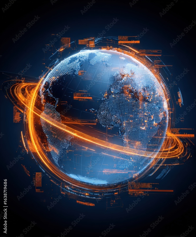 Poster global connectivity concept with digital earth, surrounded by futuristic data streams and network co