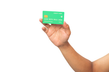 Hand holding a green credit card for cashless payment convenience with white background