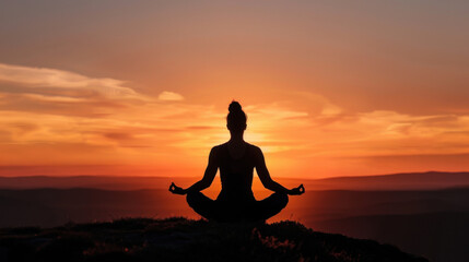 Meditation practice at sunset, showcasing serene figure in lotus position against vibrant sky. peaceful atmosphere evokes tranquility and mindfulness