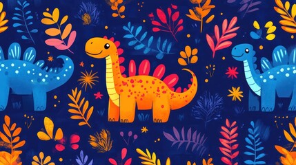 Colorful dinosaurs and foliage pattern