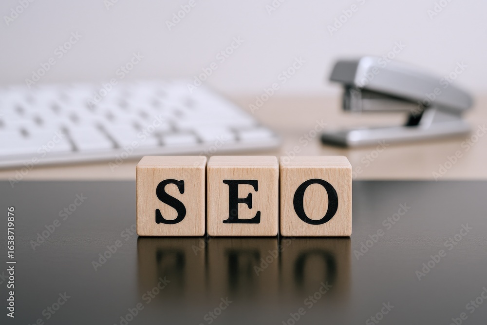 Poster seo wooden blocks on desk with keyboard and stapler for search engine optimization