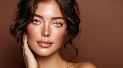 Naklejka premium Elegant Woman with Glowing Skin, Natural Makeup, and Beautiful Hairstyle on Brown Background