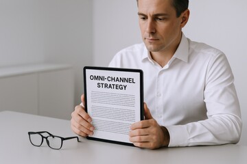 Professional businessman holding an Omnichannel Strategy document, planning and reviewing business performance for growth and success