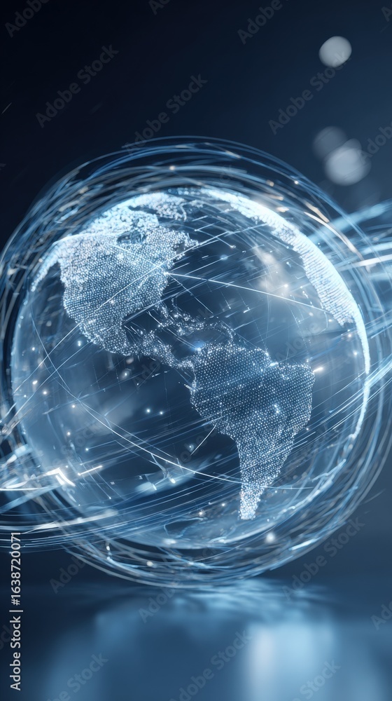 Poster global network connection: digital earth with flowing data streams representing connectivity and tec
