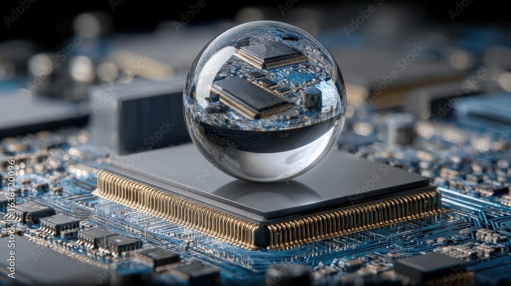 Poster microelectronics advanced technology: microchip reflected in a crystal ball atop circuit board, illu