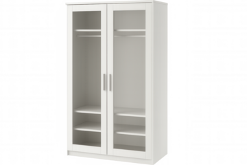 Minimalist white wardrobe featuring empty shelves, hanging rail, clean design providing storage solution with transparent background for seamless graphic integration