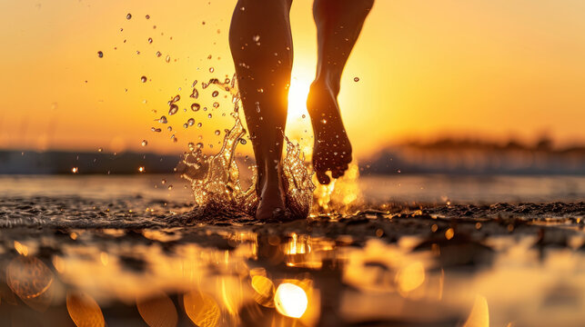 Bare feet splash in water at sunset, creating serene and joyful atmosphere. golden light reflects off surface, enhancing beauty of moment