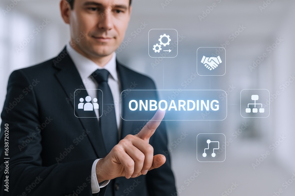 Poster professional businessman activating onboarding button on futuristic interface displaying digital ico