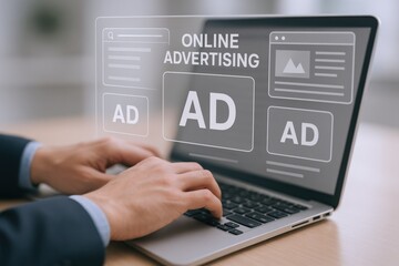 Hands on Laptop Keyboard with Online Advertising Concept, Demonstrating Digital Marketing and Business Growth