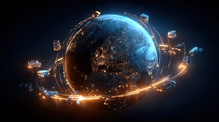 Global Logistics and Supply Chain Network Visualization with Transportation Icons Orbiting the Earth in 3D