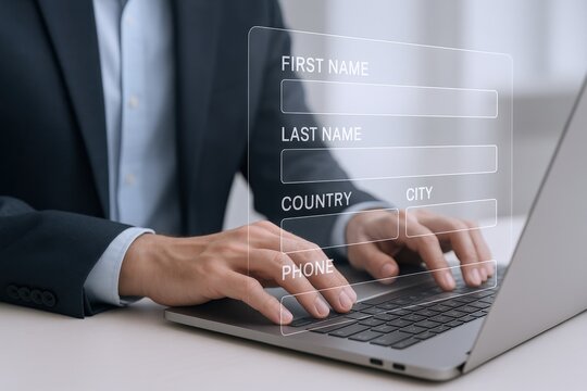 Online Form Submission: Businessman Filling Out Digital Application on Laptop, Close Up - Powered by Adobe