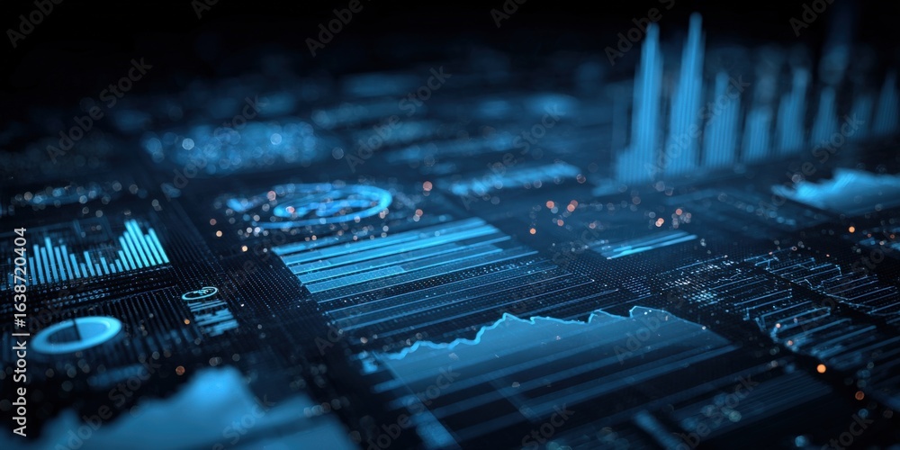 Poster abstract data visualization background displaying complex statistical analysis and financial market 