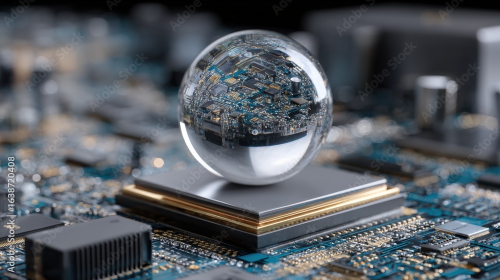 Poster technology concept: crystal ball reflecting a computer chip on a circuit board, high tech visualizat