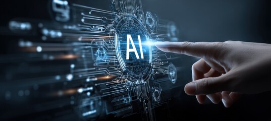 Finger Touching AI Artificial Intelligence Interface, Innovative Technology Concept, Deep Learning Neural Network