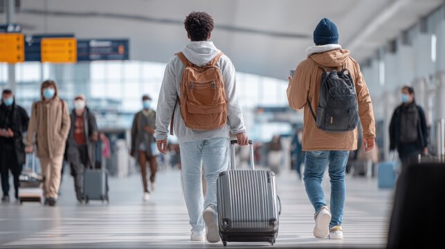 Travelers with Masks Walking in Airport, Post Pandemic Journey, New Normal Travel Life