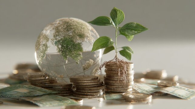 Sustainable Investment Concept: Plant Growing from Coins with Globe, Representing Green Finance and Global Economy - Powered by Adobe