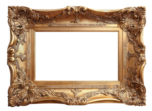 Ornate gold leaf wood frame isolated on a white or transparent background. 3:2 ratio for photo, image, picture, art, or painting.