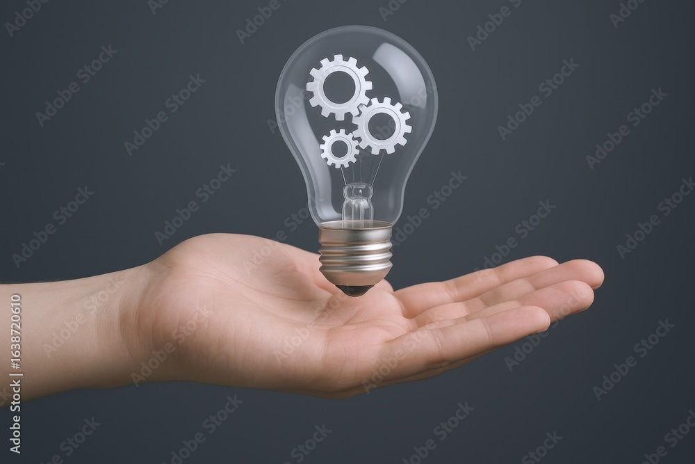 Poster creative lightbulb held in hand with gears inside, representing innovative solutions and teamwork co