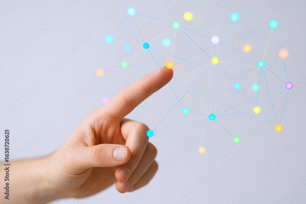 Poster digital connection concept: a hand interacting with a vibrant, abstract network of data points in cy