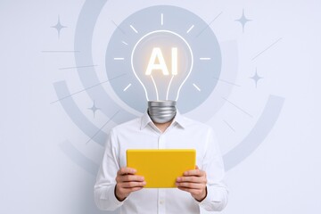 Artificial Intelligence Concept: Man with Light Bulb Head Holding a Tablet, Symbolizing Innovation and Technology