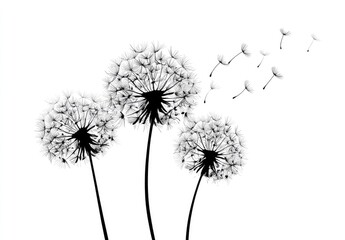 Three dandelion silhouettes, light gray seed heads, in flight, against a pure white background
