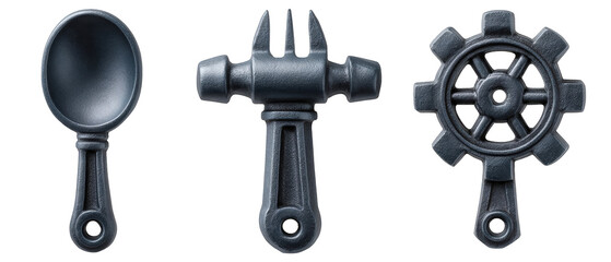 A collection of black kitchen utensils including a spoon, fork, and gear-shaped tool on a white background