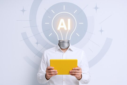 Artificial Intelligence Concept: Man with Light Bulb Head Holding a Tablet, Symbolizing Innovation and Technology