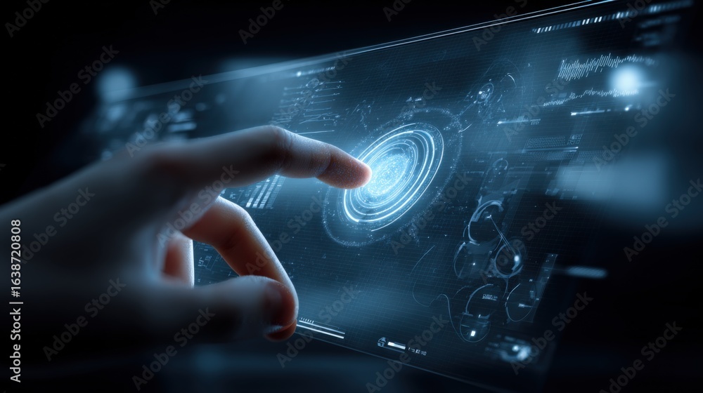 Poster hand interacting with futuristic touchscreen interface displaying data, charts, and graphs for busin