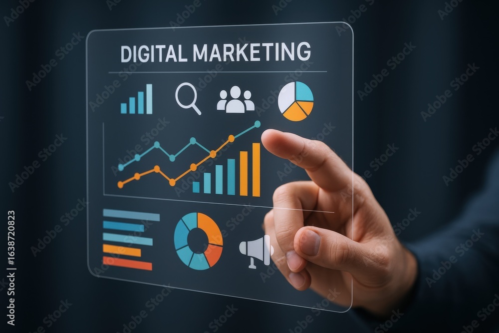 Poster digital marketing analytics on transparent screen with hand pointing at data charts and graphs