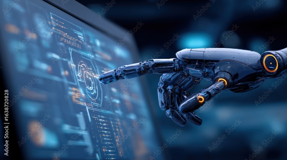 Poster futuristic robot arm interacting with advanced holographic interface display for cutting-edge techno