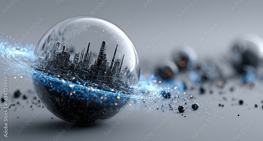 Poster abstract futuristic cityscape encapsulated in a glass sphere with sparkling digital particles, conce