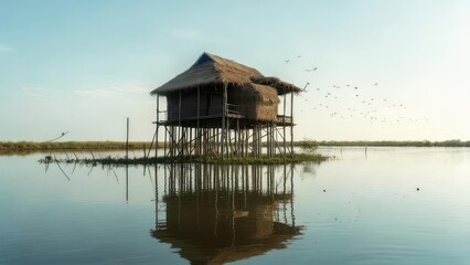 Obraz premium Solitary Thatched Stilt House Reflecting on a Glassy Lake with Birds