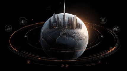 Global Connectivity Visualization: Modern City Skyline Emerging from Earth with Digital Network Overlay on Black Background