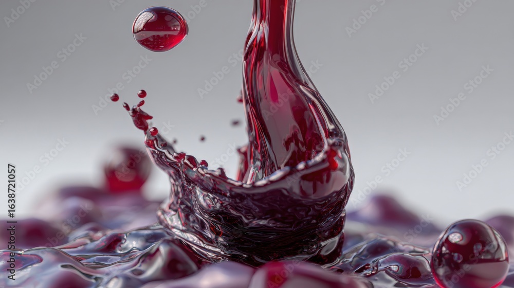 Poster dynamic close-up of red liquid splashing, showing viscosity and movement, ideal for product visualiz