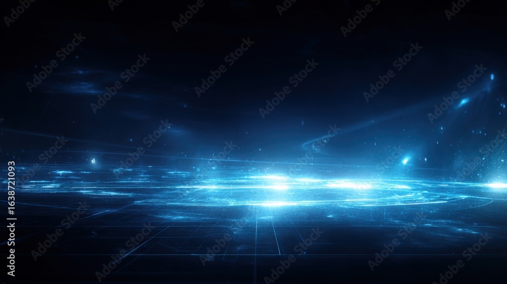 Poster abstract futuristic technology background with blue light streaks and geometric patterns for science
