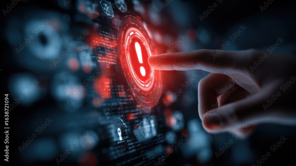 Aufkleber warning system activation: finger touching a glowing red exclamation point on a high-tech interface 