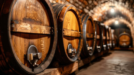 Wooden barrels lined up in dimly lit cellar create rustic and inviting atmosphere. craftsmanship of barrels showcases beauty of aged wood, enhancing charm of wine storage space