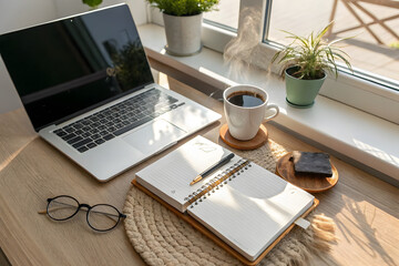 Inviting home office workspace setup featuring a laptop, notebook, glasses, coffee cup, and wallet on a wooden desk near a window with sunlight and potted plants. 