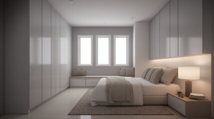 Modern Bedroom Interior Design with Built-in Wardrobes, Natural Light, and Minimalist Decor in Neutral Colors