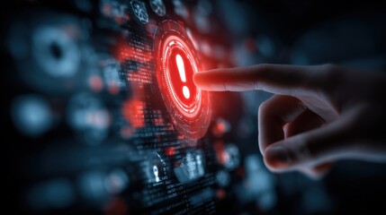 Warning System Activation: Finger Touching a Glowing Red Exclamation Point on a High-Tech Interface Display