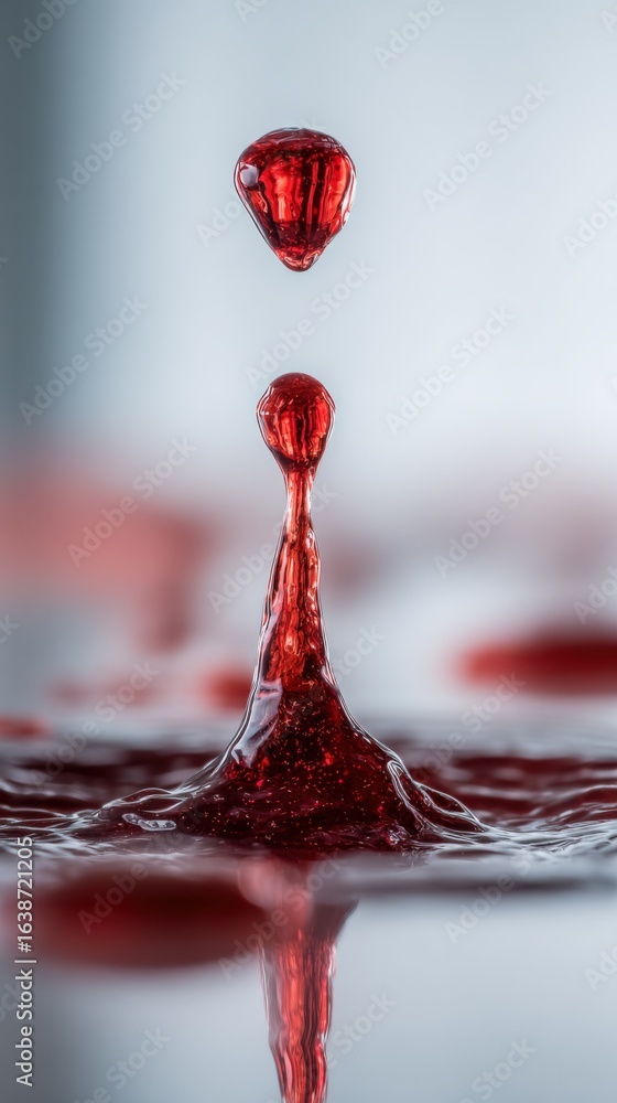 Poster high-speed photography of a red liquid droplet collision creating abstract shapes and reflections in