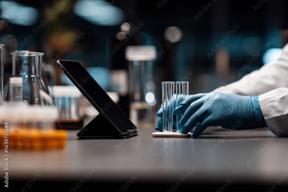 Poster scientist preparing test tubes with tablet in laboratory for experiment and data analysis