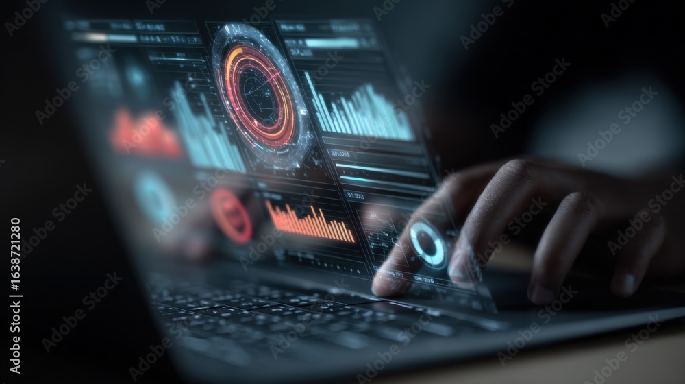 Poster data analyst working on laptop with futuristic interface displaying complex information graphics