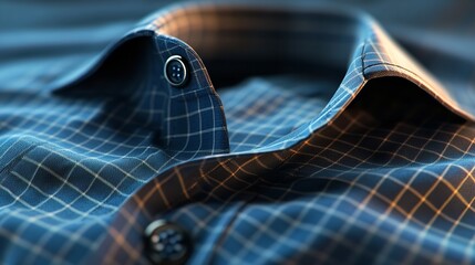 Close up of a blue checkered shirt with buttons and collar in soft focus studio lighting