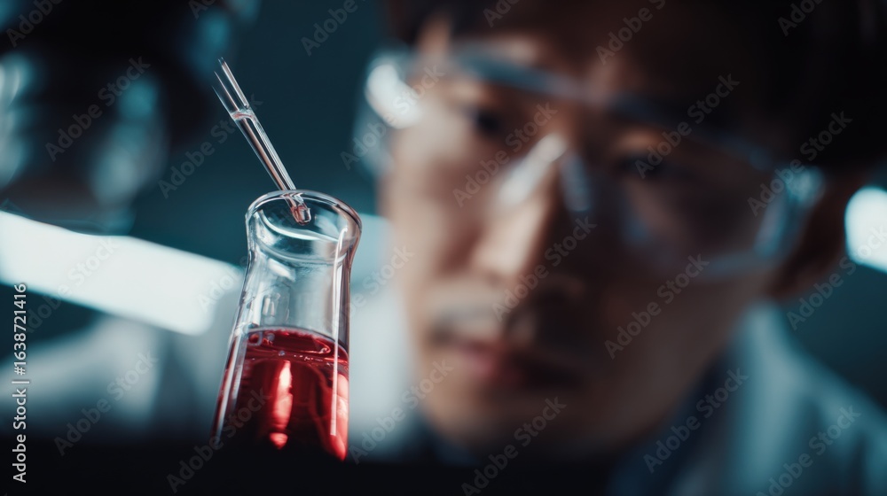 Poster asian scientist meticulously analyzing a red liquid within a laboratory flask using a pipette, focus
