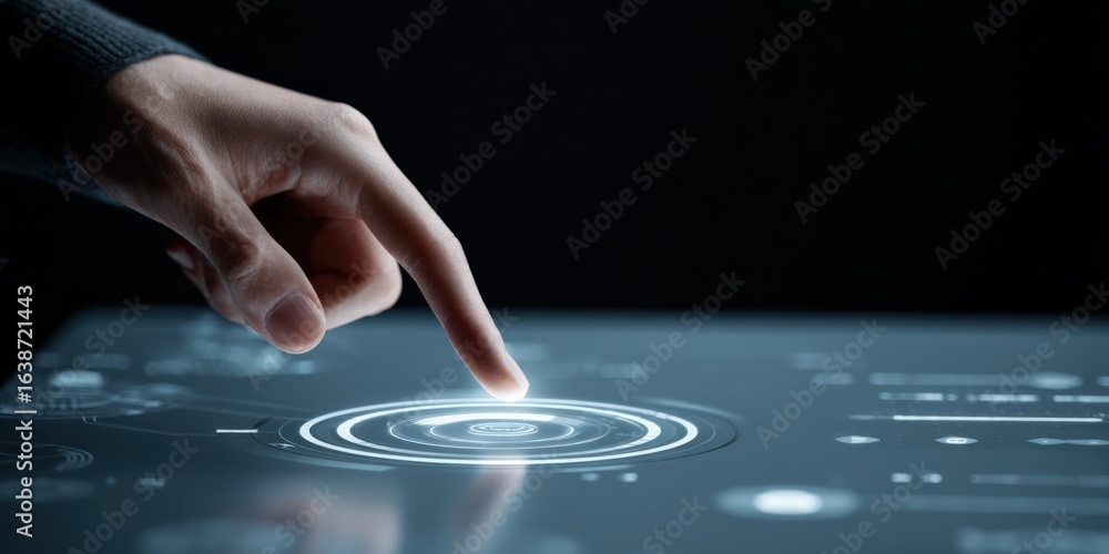 Poster futuristic technology interface: human hand interacting with a digital touchscreen display in dark a